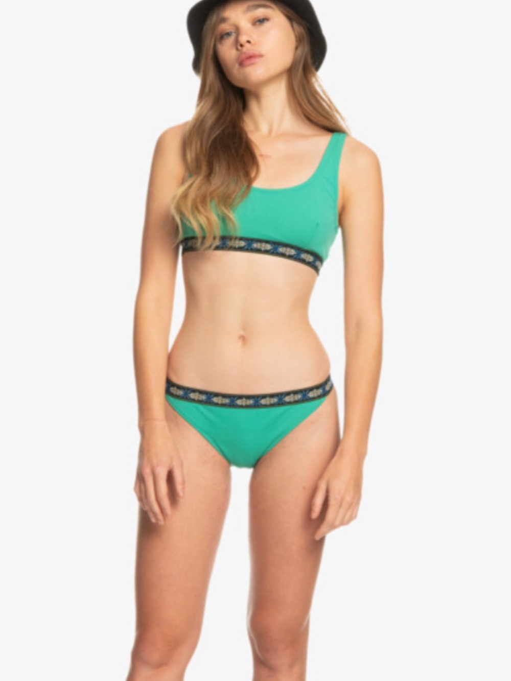 Scoop-Neck Green Bikini bottom with Patterned Elastic Band